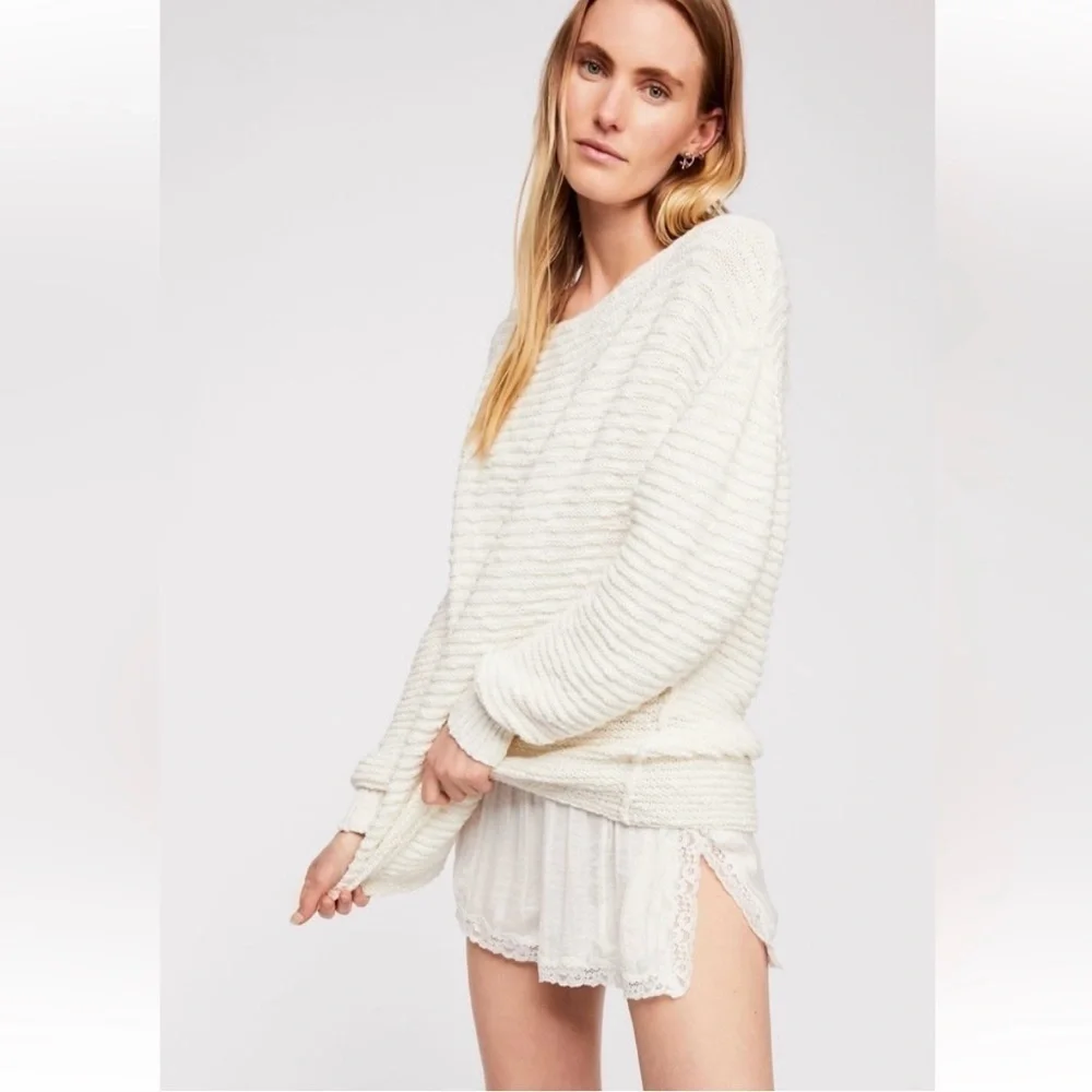 Free People Menace Cream Ivory Ribbed Textured Tunic Sweater Cozy S Coastal